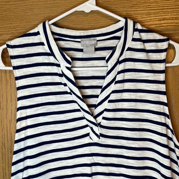 Chico’s Blue White Striped Shark Bite Hem Sleeveless Top Medium - Picture 3 of 5